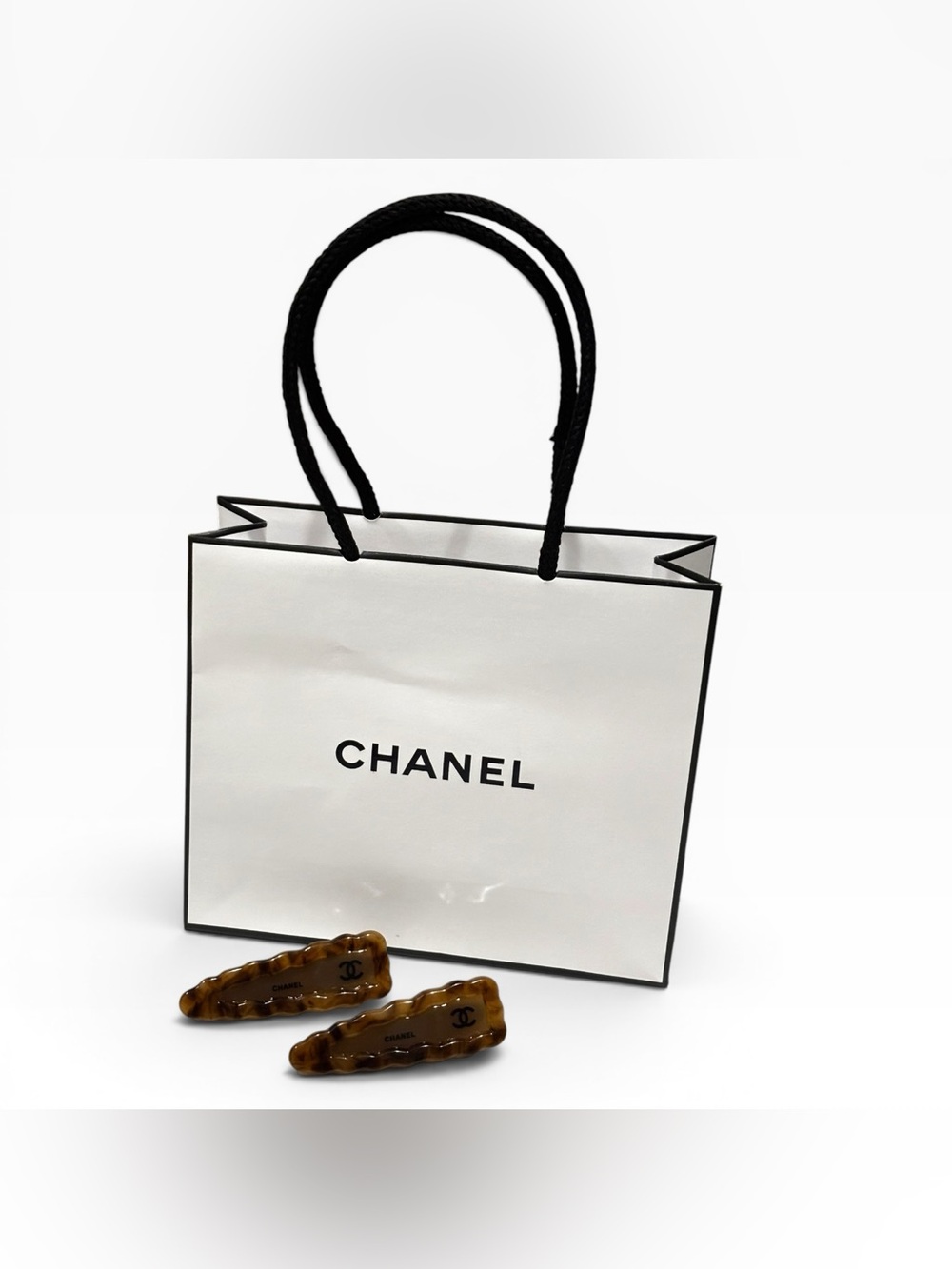 Chanel Tortoise Hair Clips & Gift Bag